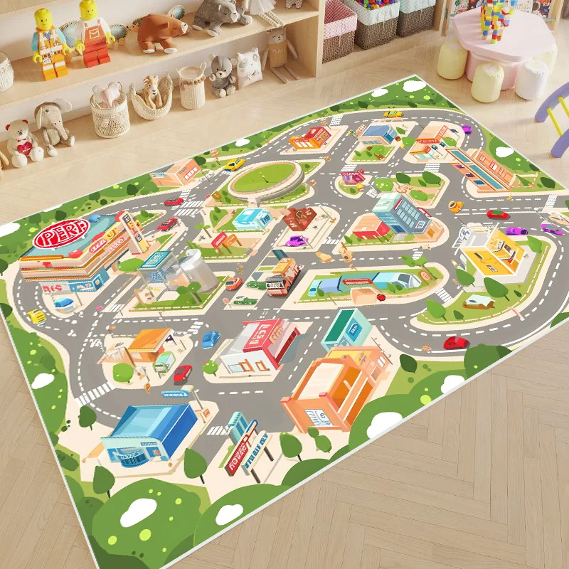 Cute Soft Children Room Carpet Funny Traffic Road Cartoon Play Mat Living Room Decoration Home Non-slip Plush Large Rug Washable