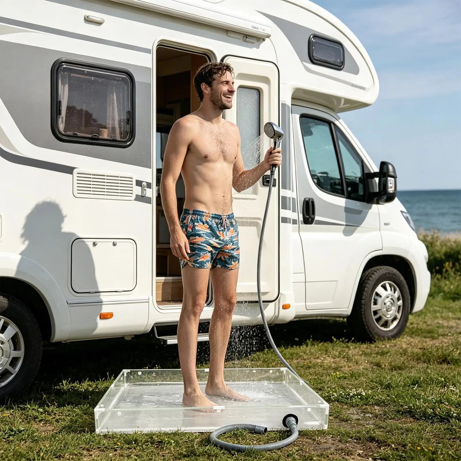 

Portable Shower Pan with Drain Hose Camping Shower Tent Floor Base Outdoor Tent Shower Tray for RV Outdoor Camping Shower