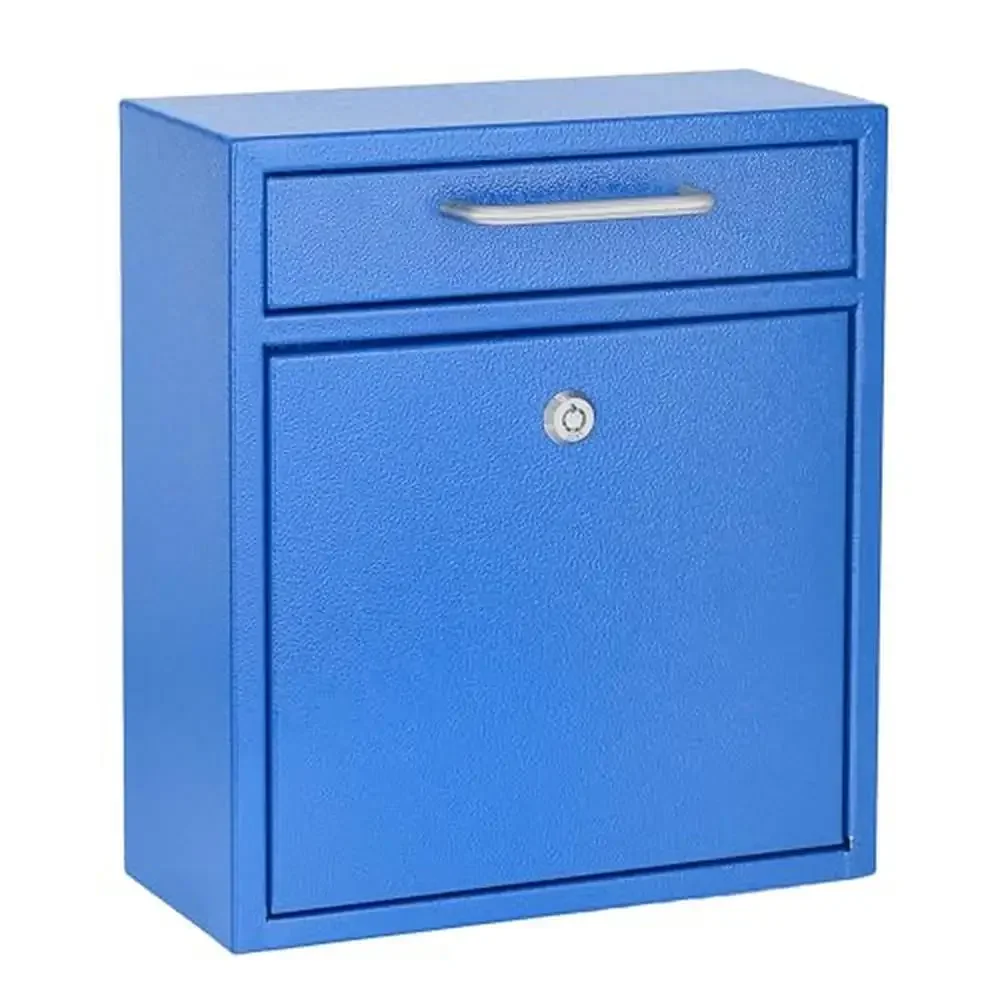 

Locking Wall Mount Mailbox Key Drop Box Secure Cash Payment Drop Wide Bin Door Blue Durable Steel 2 Keys Secure After-Hours