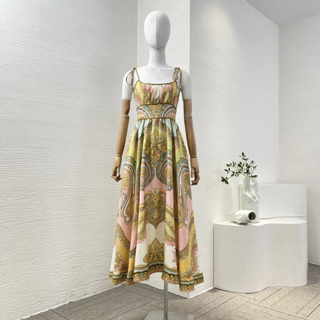 

Multi Color Sleeveless Square Collar Sling Pleat Midi Dress