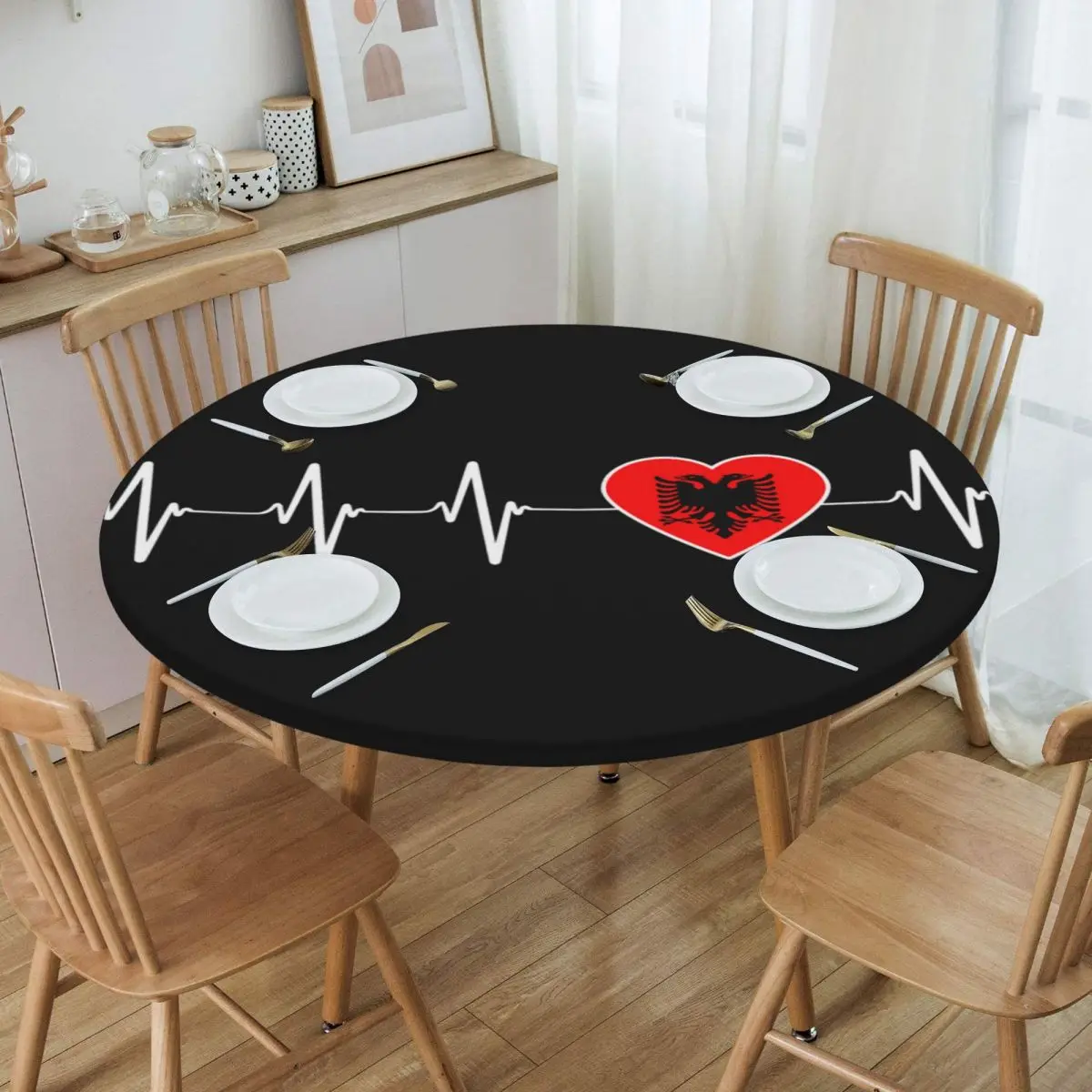 Round Oilproof Albanian Heartbeat Albania Flag Table Cover Elastic Fitted Table Cloth Backed Edge Tablecloth for Dining