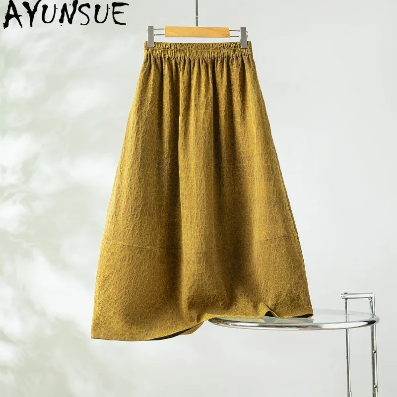 AYUNSUE Xiangyunsha Silk Women's Skirts Unique Honeycomb Cracks Skirts for Women Summer Elastic Waist Skirt Woman Clothes Юбка