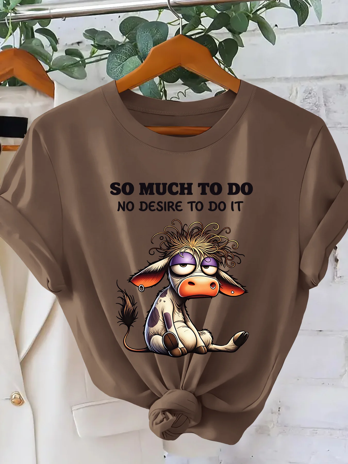 Women's Summer Lazy Sleepy Calf Funny English Cartoon Print Women's T-shirt Cute  Cartoon Style Round Neck Short Sleeved Shirt