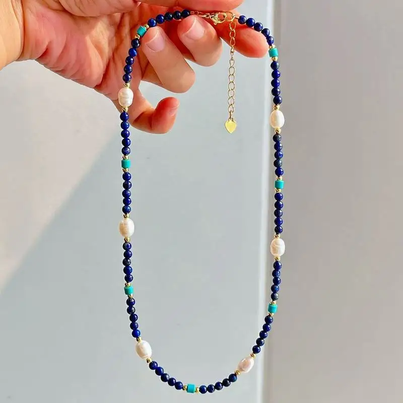 High-quality natural lapis lazuli and freshwater baroque pearl clavicle chain necklace