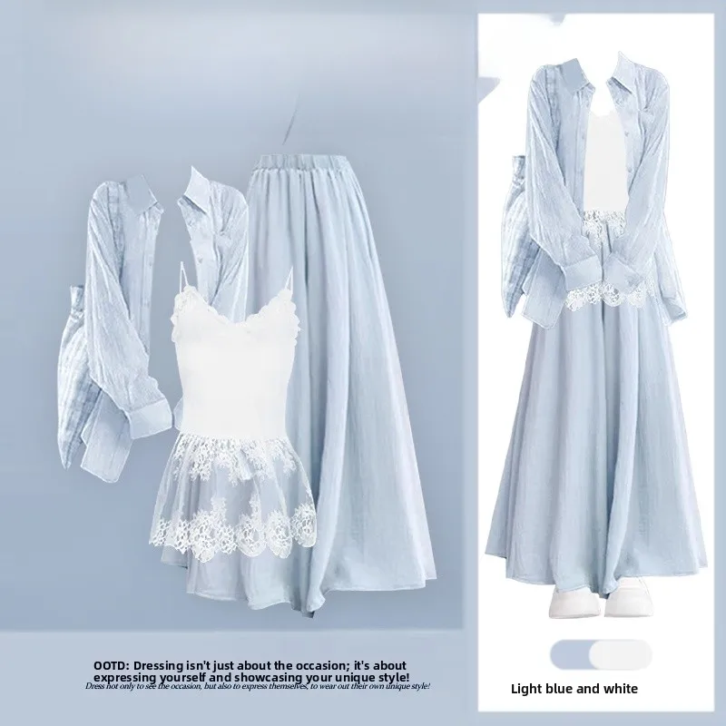 

Spring New Korean Style Women's Lazy Slimming Lace Trimmed Crop Top And High Waist Skirt Three Piece Set Fashionable Ensemble