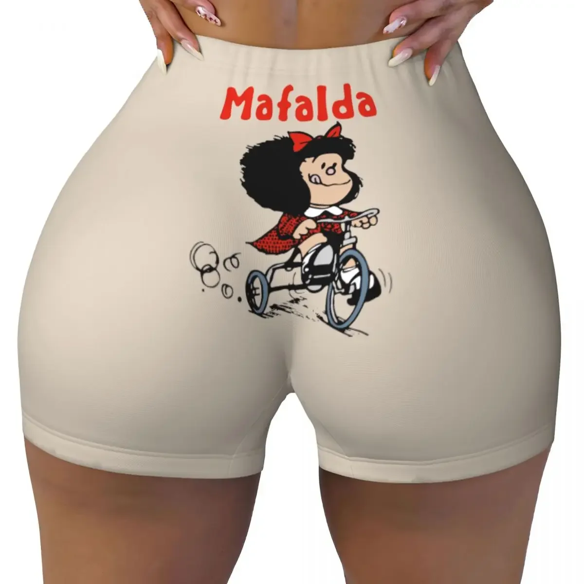 

Custom Women Mafalda Bicycle 3 Wheels Workout Yoga Shorts Quino Manga Cartoon Athletic Gym Running Volleyball Shorts