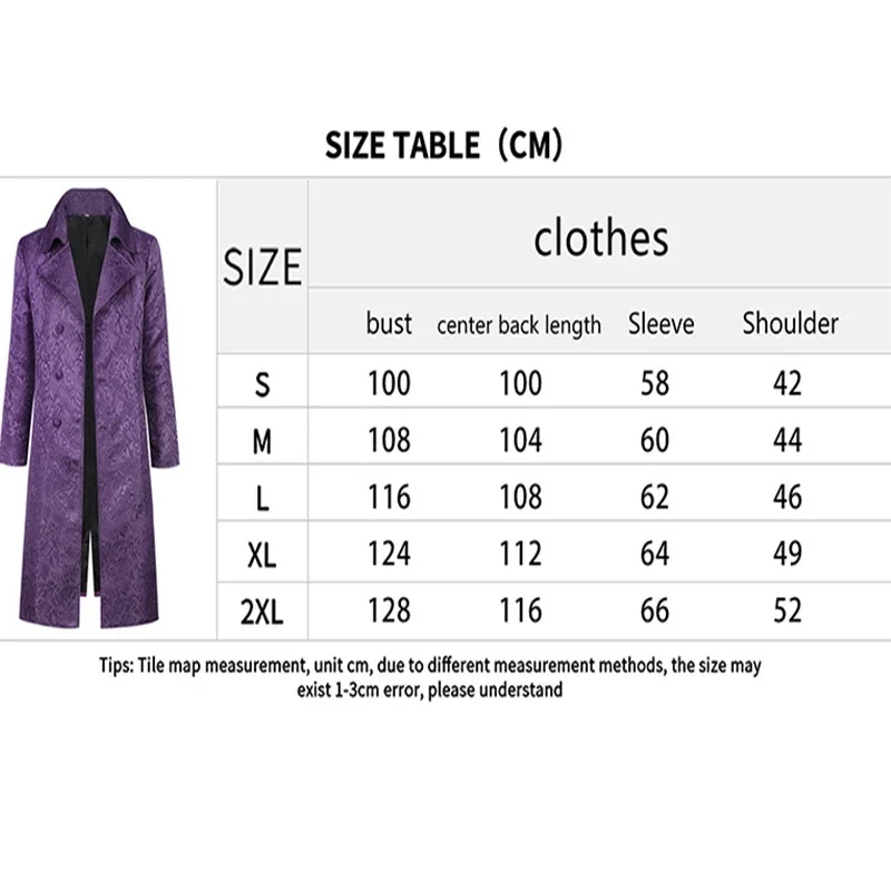 Adult Men Cosplay Costume Halloween Joker Medieval Jacket Elegant Purple Jacquard Overcoat Long Coat with Notched Collar