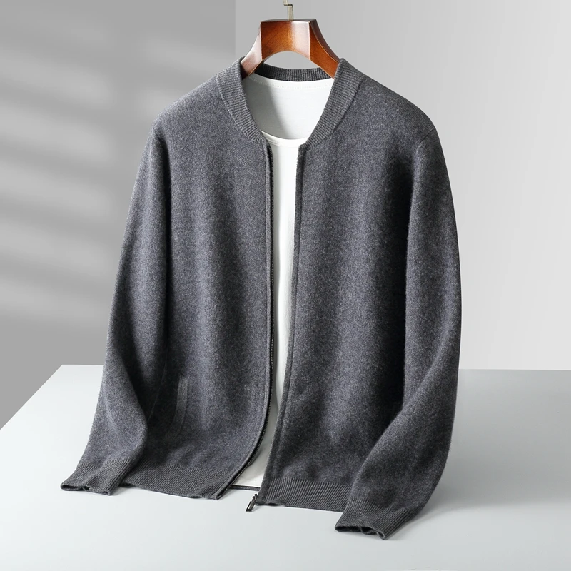 Autumn And Winter New Men's 100% Pure Wool Knitted Cardigan Stand Collar Leisure Padded Coat Sweater Cashmere Coat