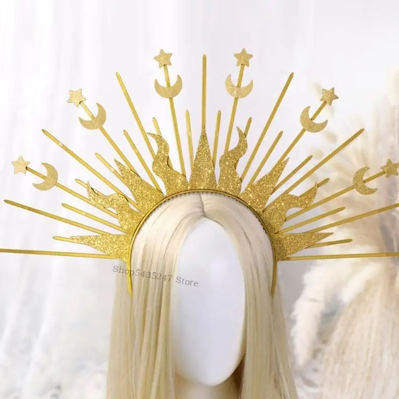 Exaggerated Spiked Headband with Moon Star Tiaras Crown Hairhoop Women Baroque Headwear Crownpiece for Formal Occasion