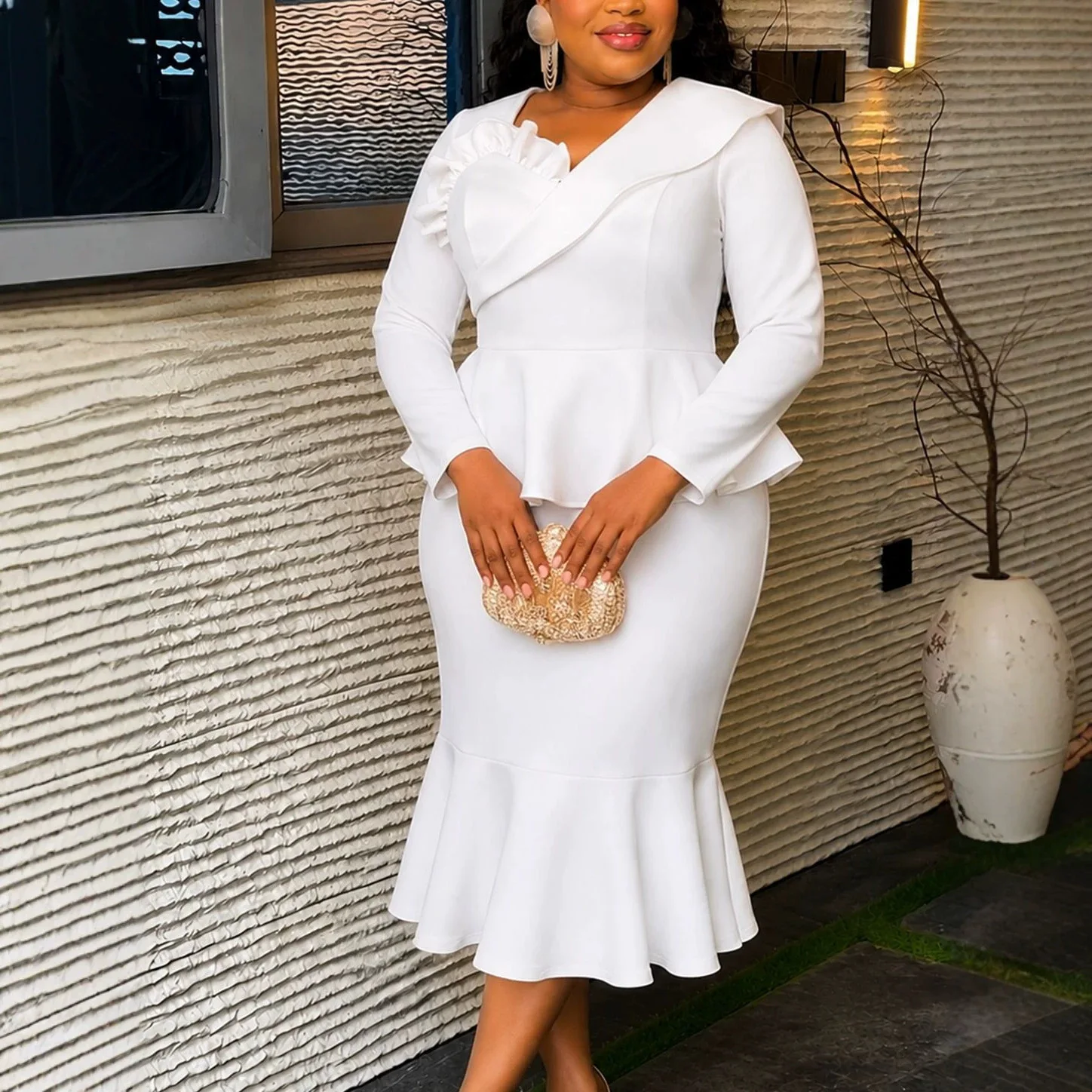 African Women Mermaid Dress V Neck Long Sleeves Ruffle Peplum Waist Chic Bodycon Wedding Guest Evening Formal Party Outfit