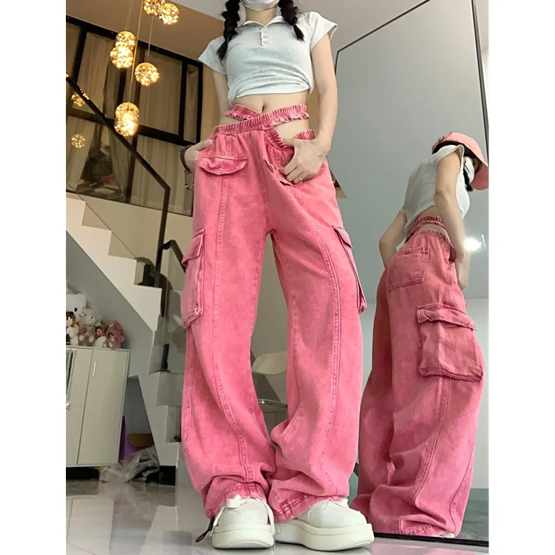 

Y2K Fashion Tie Dye Pink Design Sense Small SweetCool High Waist Jeans Women Vintage Wide_eg Straight Leg Jeans Women's Trend