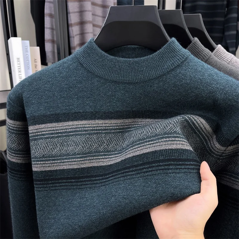 

Зимний повседневный вязаный свитер в полоску со стойкой Midlife, мягкий полиэстер, длинный свежай, Busin, повседневный, новый дизайн, теплый