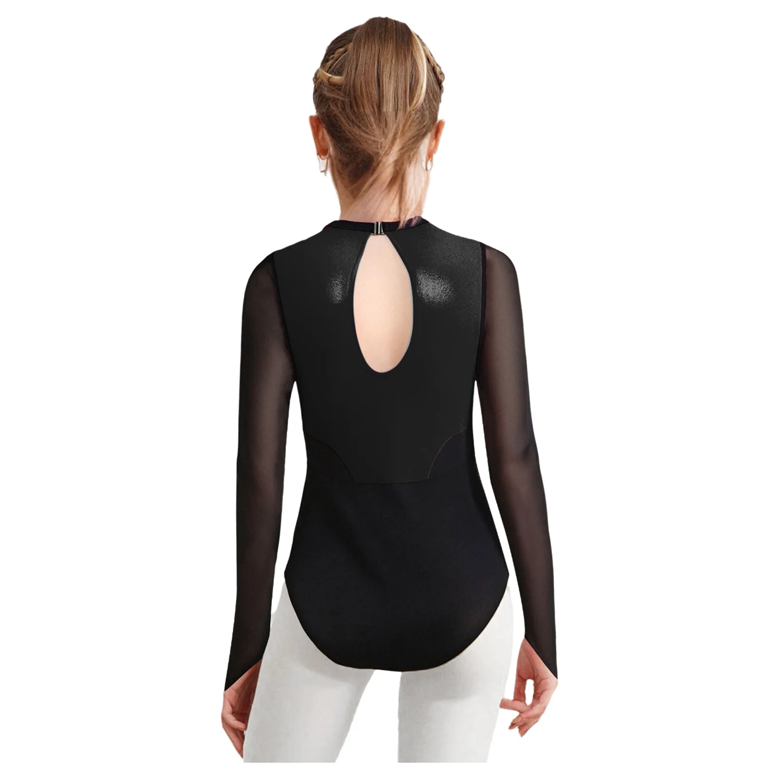 Kids Girls Gymnastics Leotard Shiny Metallic Rhinestones Sheer Mesh Long Sleeves Keyhole Back Figure Skating Ballet Bodysuit New