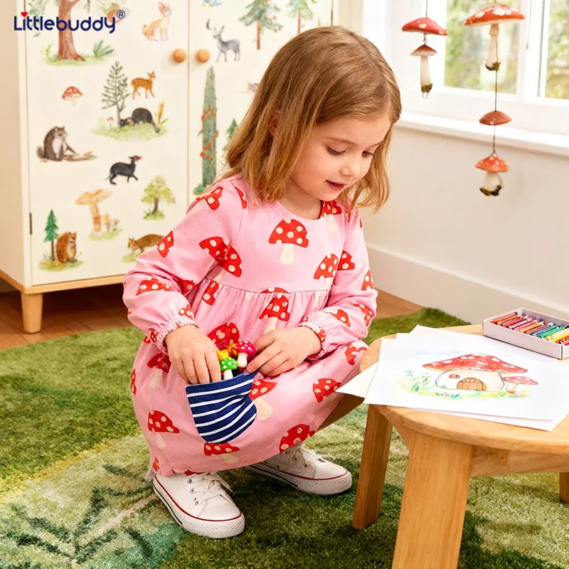 فستان LittlebuddyAutumn للأطفال بجيب مطبوع عليه رسوم كرتونية فستان الأميرة بأكمام طويلة