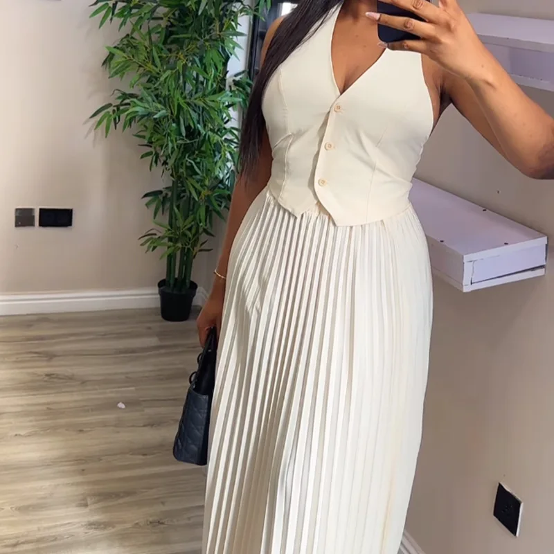 Prowow Fashion Solid Color Women Suits Single Breasted Vest Pleated Skirts Two Piece Summer Office Lady Clothing Set Outfits