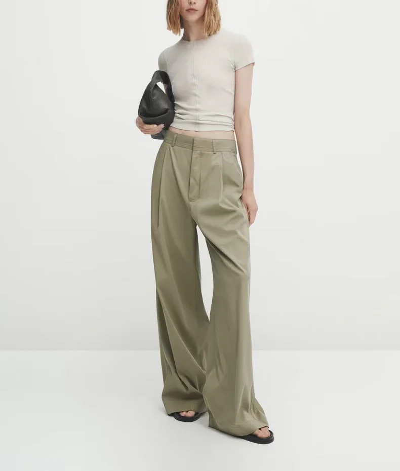 Bequeme, lässige Hose aus Baumwollmischung mit weitem Bein für Damen mit plissiertem Detail, hoher Taille, asymmetrisches Design für Pendler