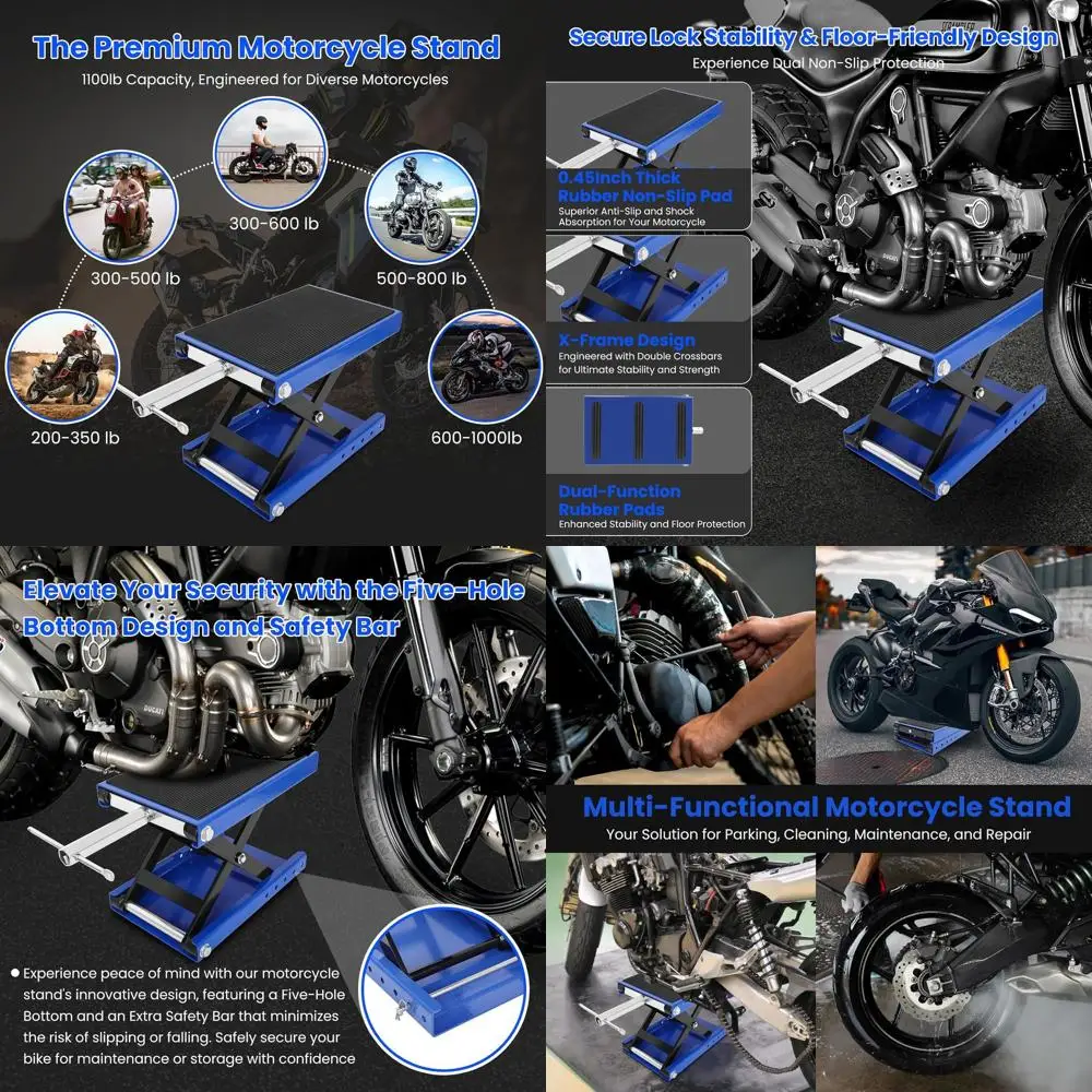 

1100 lbs Capacity Motorcycle Scissor Jack with Anti-Slip Base and Wide Rubber Deck for Various Bikes