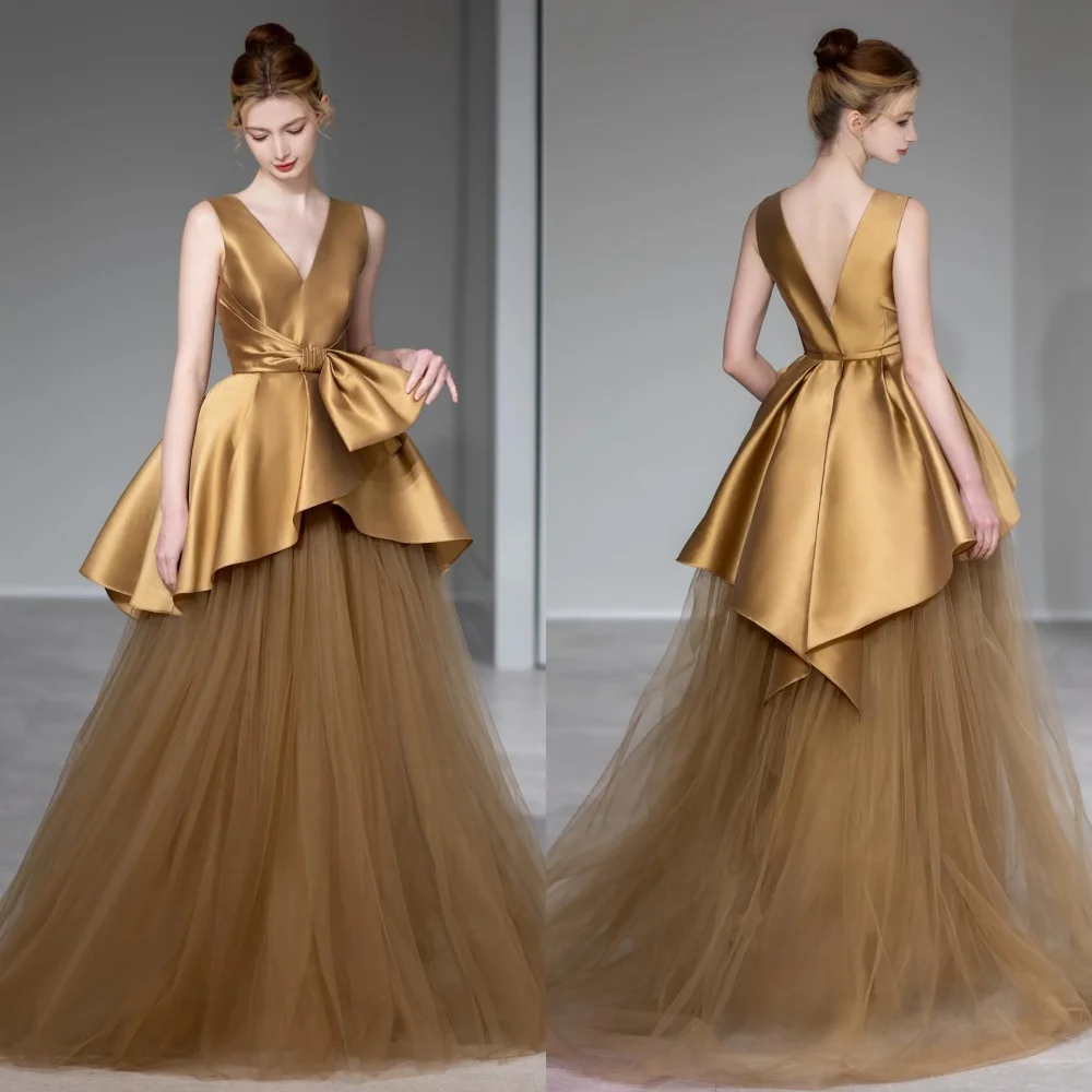 Customized Satin Bow Engagement A-line V-neck Bespoke Occasion Gown Long Dresses