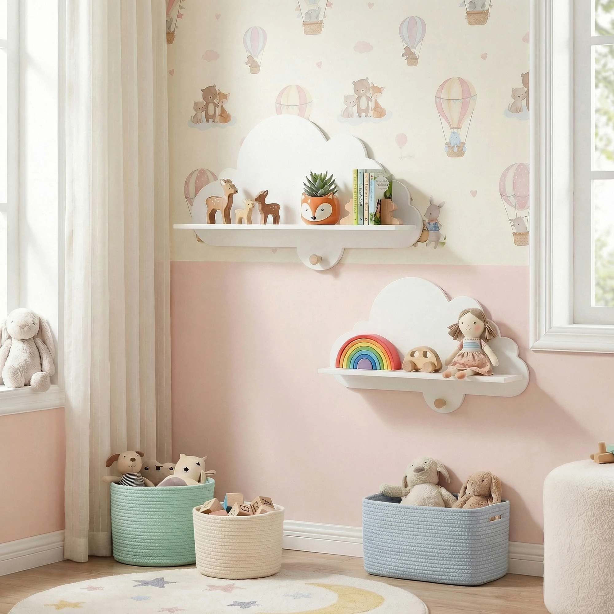 2PCS Floating Cloud Shelves w/ Solid Wood Hanging Hooks, Cute Corner Bookshelves