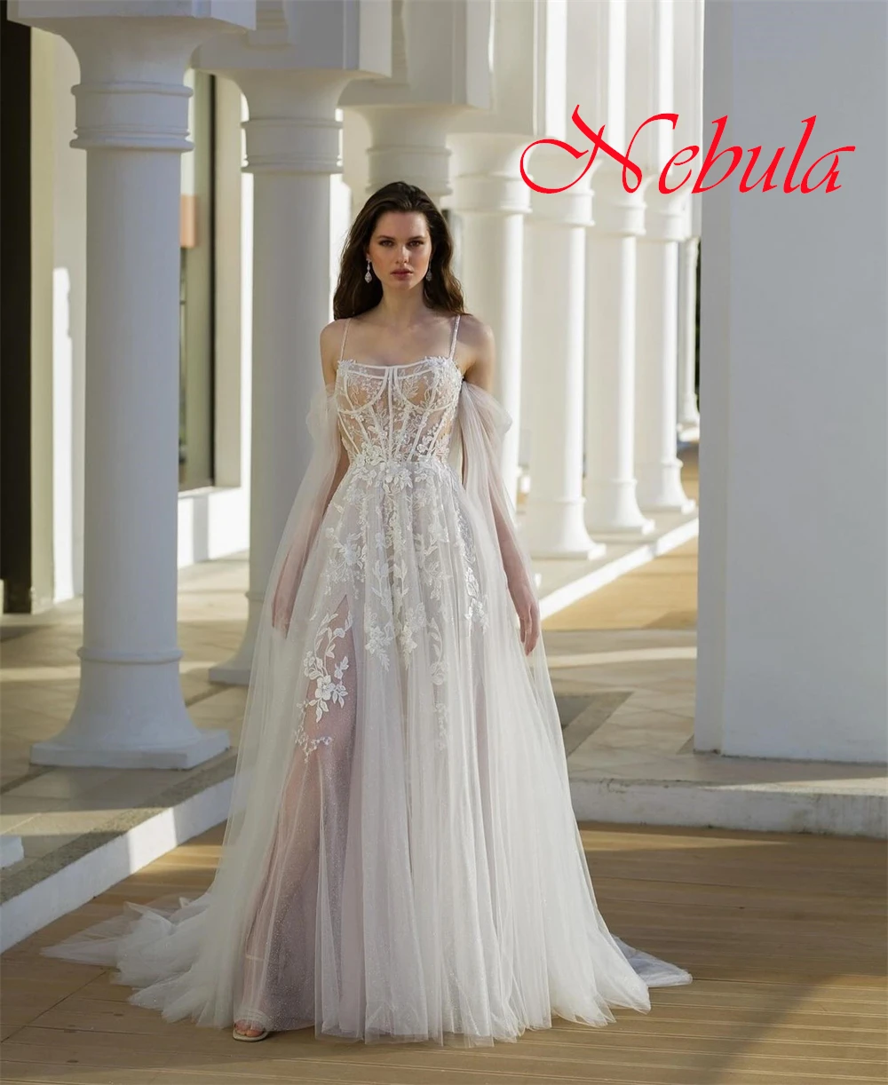 تخصيص جودة عالية الأبيض الأورجانزا فستان الزفاف الأنيق حمالة السباغيتي الأشرطة الشريط فستان ذيل شابيل أثواب الزفاف