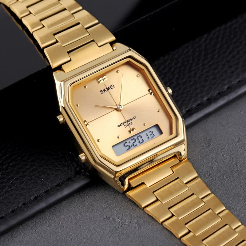 

Skmei Роскошные цифровые наручные часы для мужчин и женщин, водонепроницаемые кварцевые часы из нержавеющей стали 5 бар, простой дизайн, двойное время, Reloj Homb