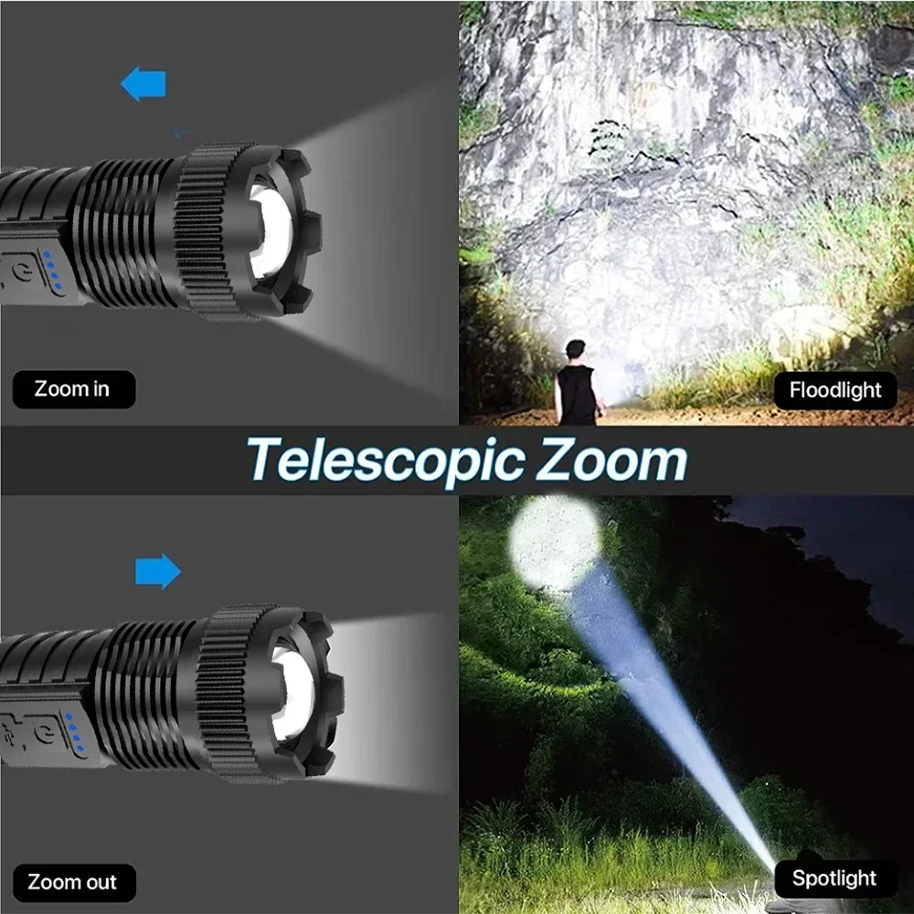 Portable Led Flashlight 6 Lighting Modes Type-C Rechargeable High Power Zoomable Torch Built-in Battery Light Camping Lantern