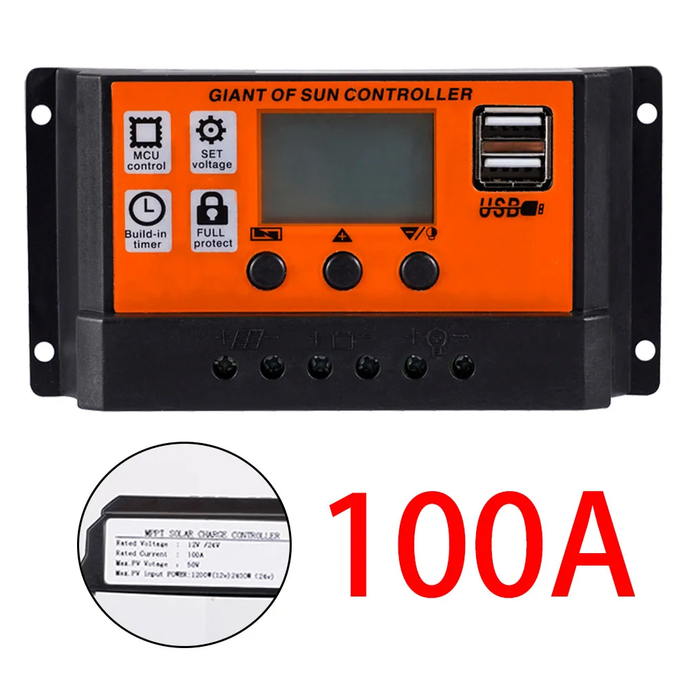 100A/60A/30A PWN Auto Solar Charge Controller LCD Display Dual USB Output 5V Solar Panel Battery Charge Regulator