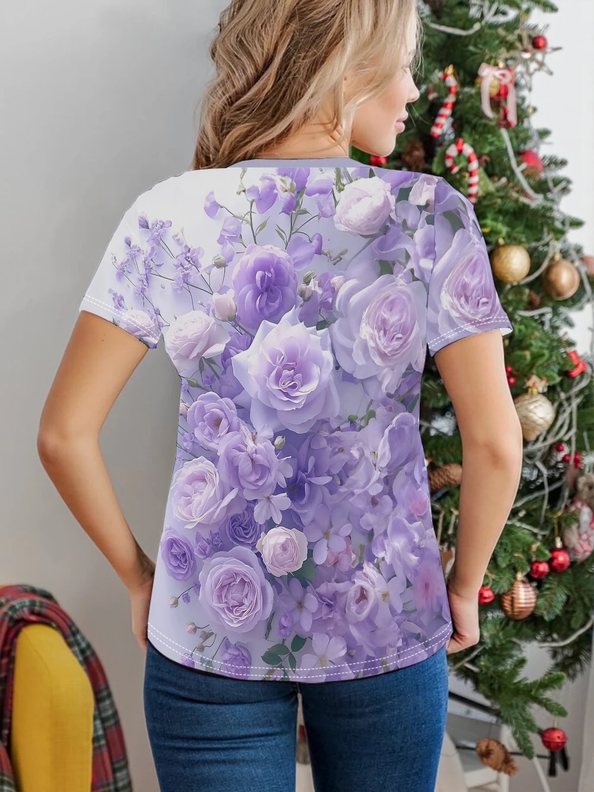 Flower Print T-shirt, Casual Crew Neck Short Sleeve Top For Spring & Summer, Women\'s Clothin