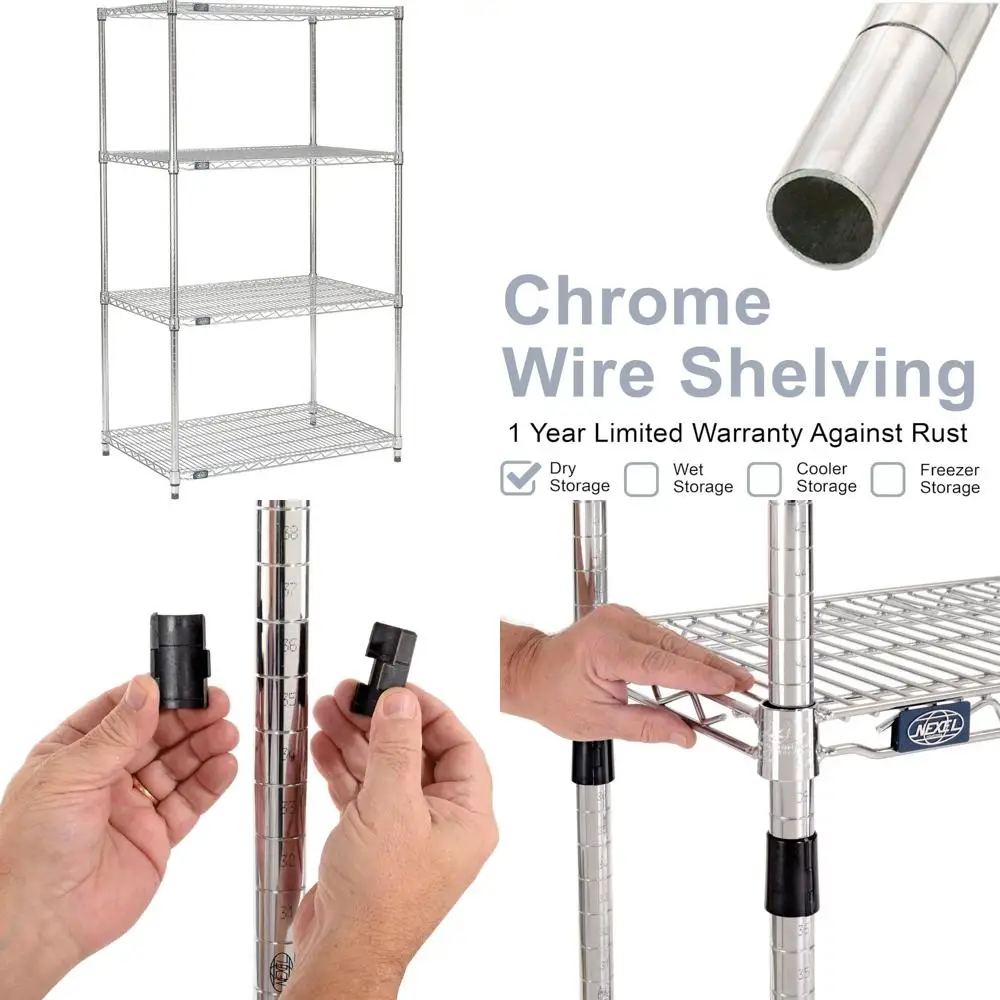 رفوف سلكية للتخزين الجاف من 4 طبقات، 24 × 30 × 74، لمسة نهائية من الكروم، رف قابل للتعديل للاستخدام عالي التحمل