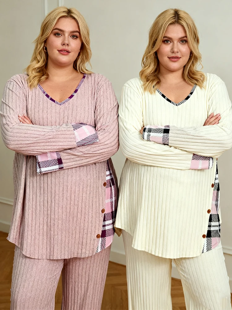 Clearance Plus Size Women's Sweater Winter Large Size Color Block V-Neck Pullover Warm Big Size Female Clothing Strip Splice Top