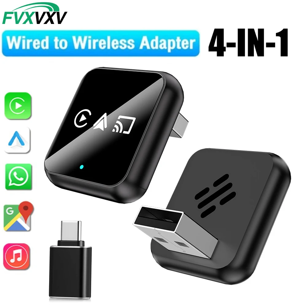 4 in 1 Wireless CarPlay Adapter with Screen Mirroring, AirPlay & Mirror Link Support, Bluetooth 5.0 USB-C Plug & Play for Wired