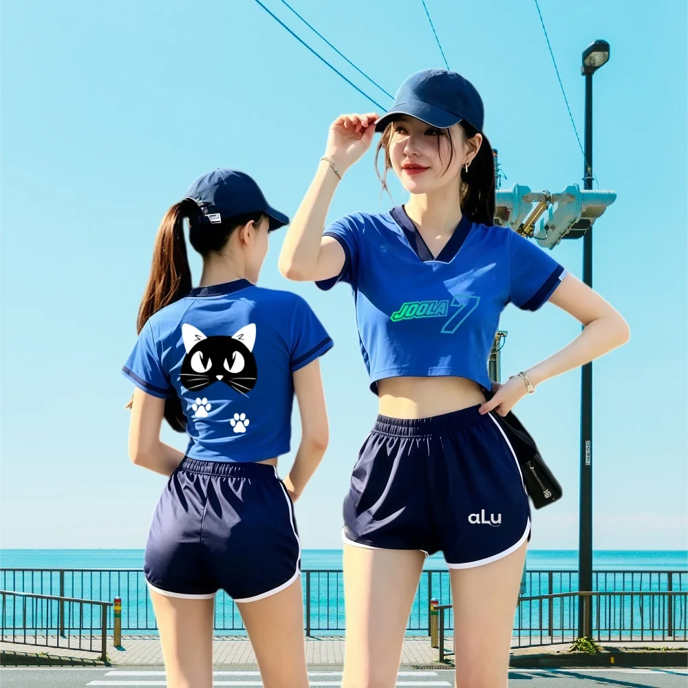 

New men's and women's 2-piece cute cat print sportswear V-neck crop top+high waisted shorts casual running yoga exercise sportsw