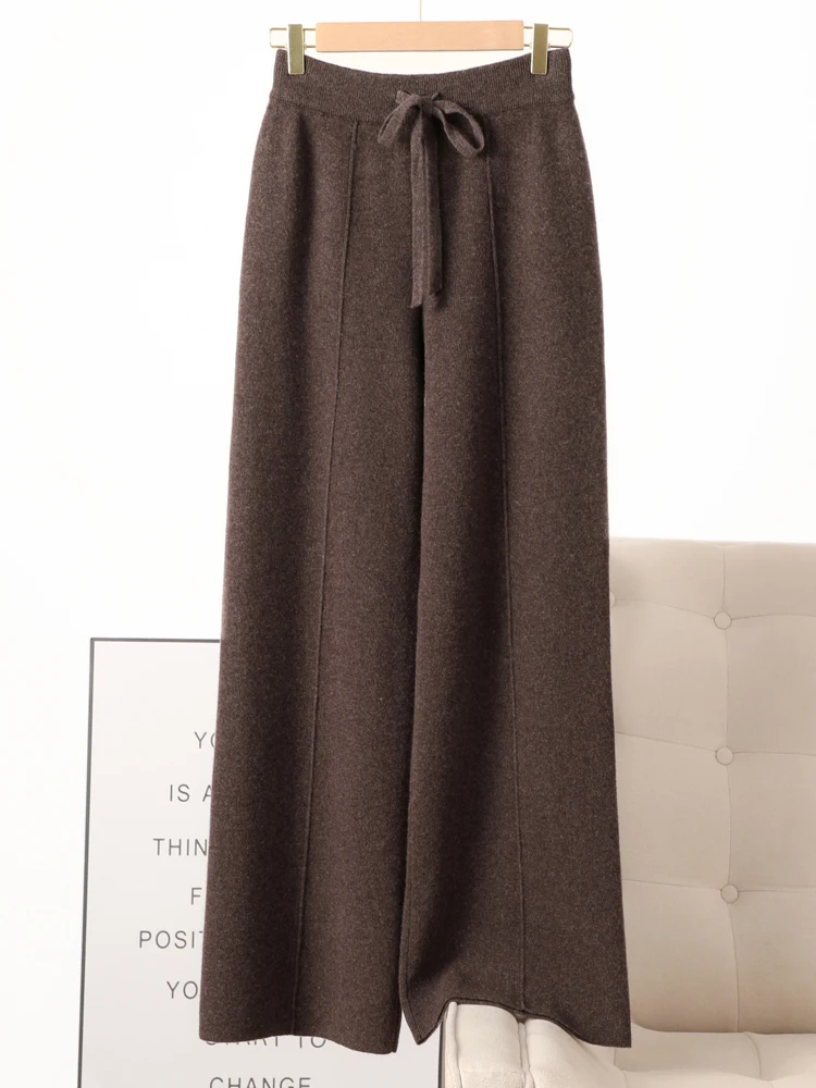 Mulheres 100% lã merino malha calças de perna larga outono inverno básico macio quente cashmere malha calças casuais estilo simples coreano