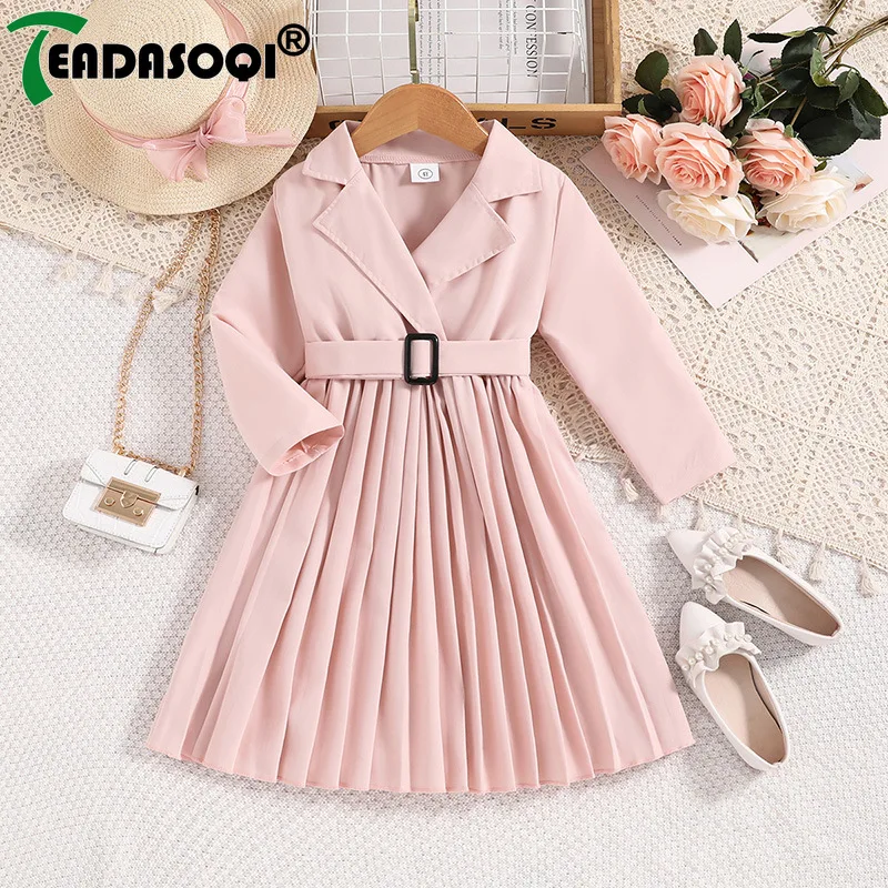 4-7Y Autumn Kids Clothing Girls Casual Trench Suit Long Sleeve Lapel Coat with Belt Pleated Skirt A-line Long Dress 2Pcs Sets