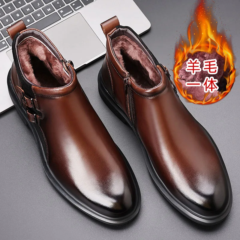

Зимние тёплые сапоги для мужчин из натуральной кожи, деловые хлопковые сапоги, заострённые, с шерстяной подкладкой, формальные кожаные туфли для мужчин
