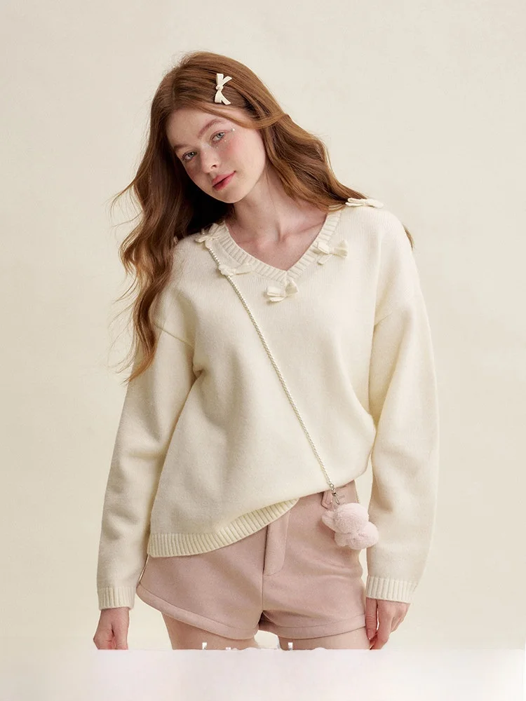 

Вязаный свитер Kroche с бантом из шерстяной смеси, V-образный вырез, свободный крой, комфортный, с длинными рукавами, теплый, для весны, осени и зимы