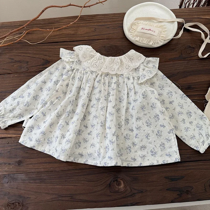 بلوزة بناتي ذات طية صدر السترة مع قميص مزين بالزهور بلوزات قطنية للربيع والخريف بأكمام طويلة للأطفال البنات بياقة بيتر ملابس أطفال