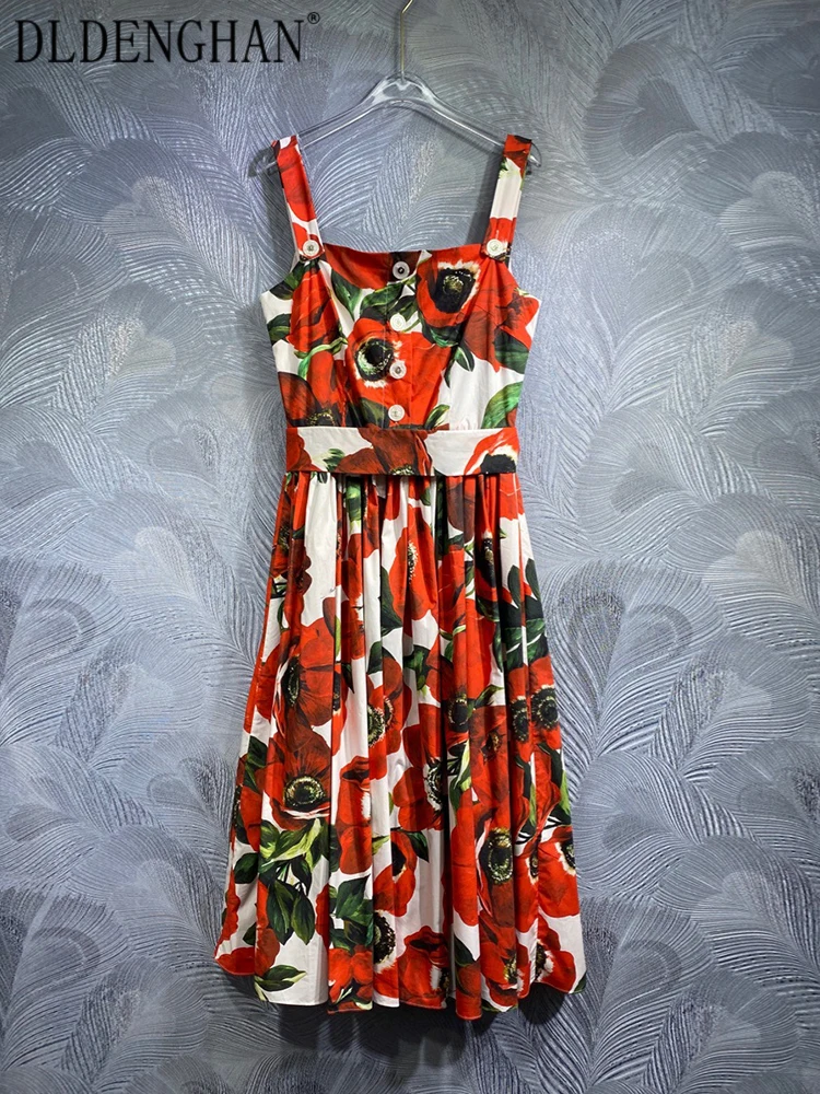 DLDENGHAN Summer Flowers Print Vintage Cotton Dress Women's Spaghetti Strap Sleeveless Button Backless Dresses Designer New