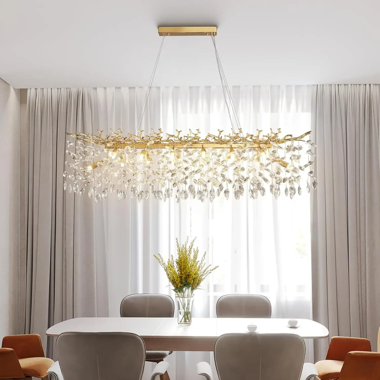 Gold Branch Crystal Chandelier Light For Dining Room Kitchen Table Living Room Bedroom Rectangular Crystal Ceiling Chandelier