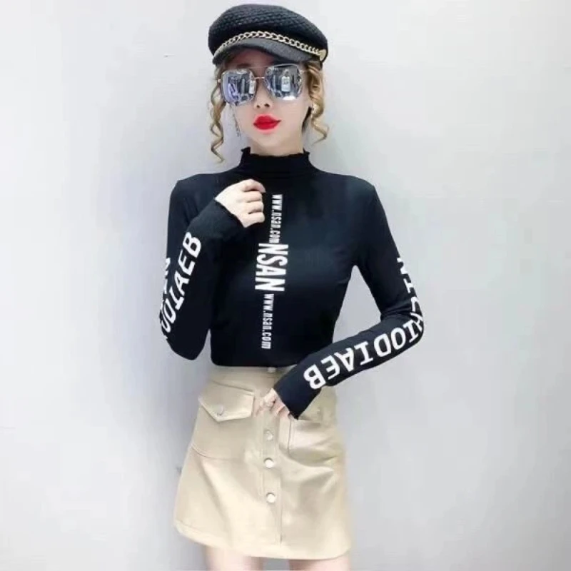 Spring Autumn New Plus Size Print Letter Office Bottoming Shirt Slim Street Casual T Shirt Tops Fashion Vintage Women Clothing