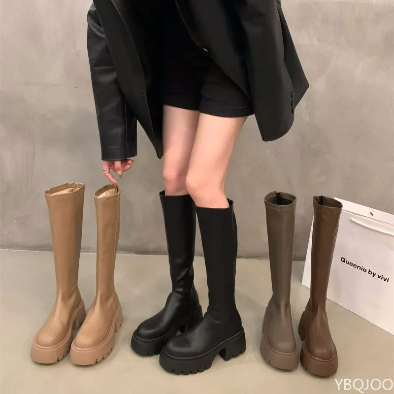 

Осенне-зимние модные новые длинные женские ботинки на толстой подошве с плюшевой изоляцией, утягивающие и более высокие женские ботинки