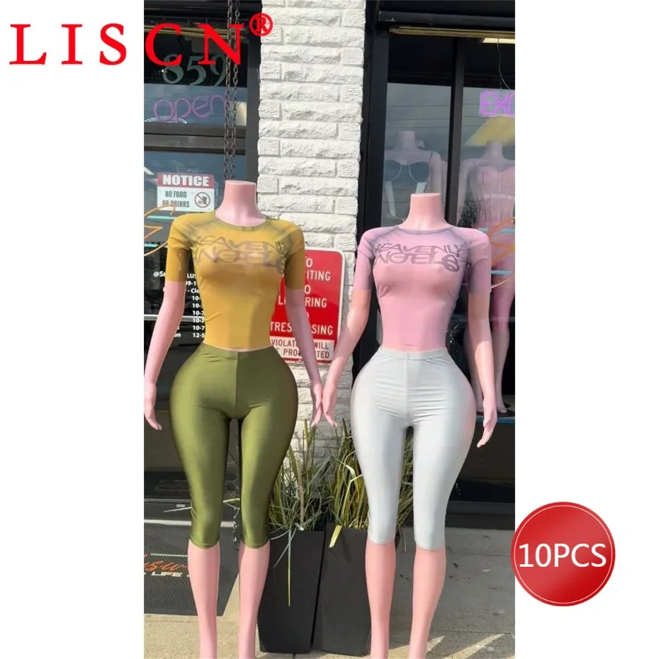 10 Wholesale Items for Boutique 2026 Summer Women Clothing Two Piece Set Sexy Letter Printing Tops + Knee Length Pants K15430