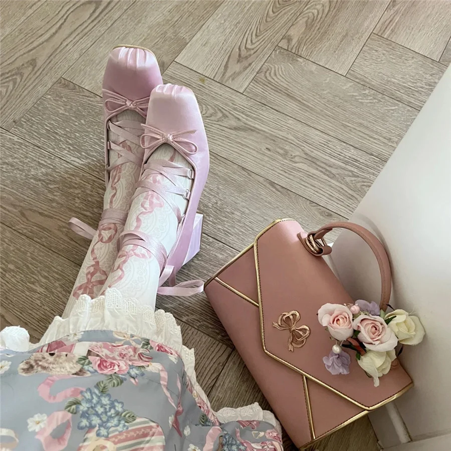 Cute Pink Women Chunky High Heels Lolita Shoes Square Toe Mary Janes Fashion Comfy Ladies Dance Shoes Lace-up Dress Pumps