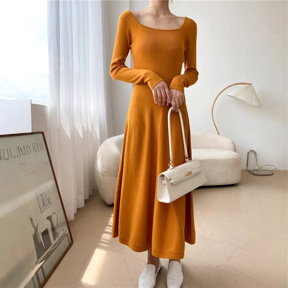 

Spring/Summer New Women's Knitted Dress Square Neck High Waist Long A-line Skirt