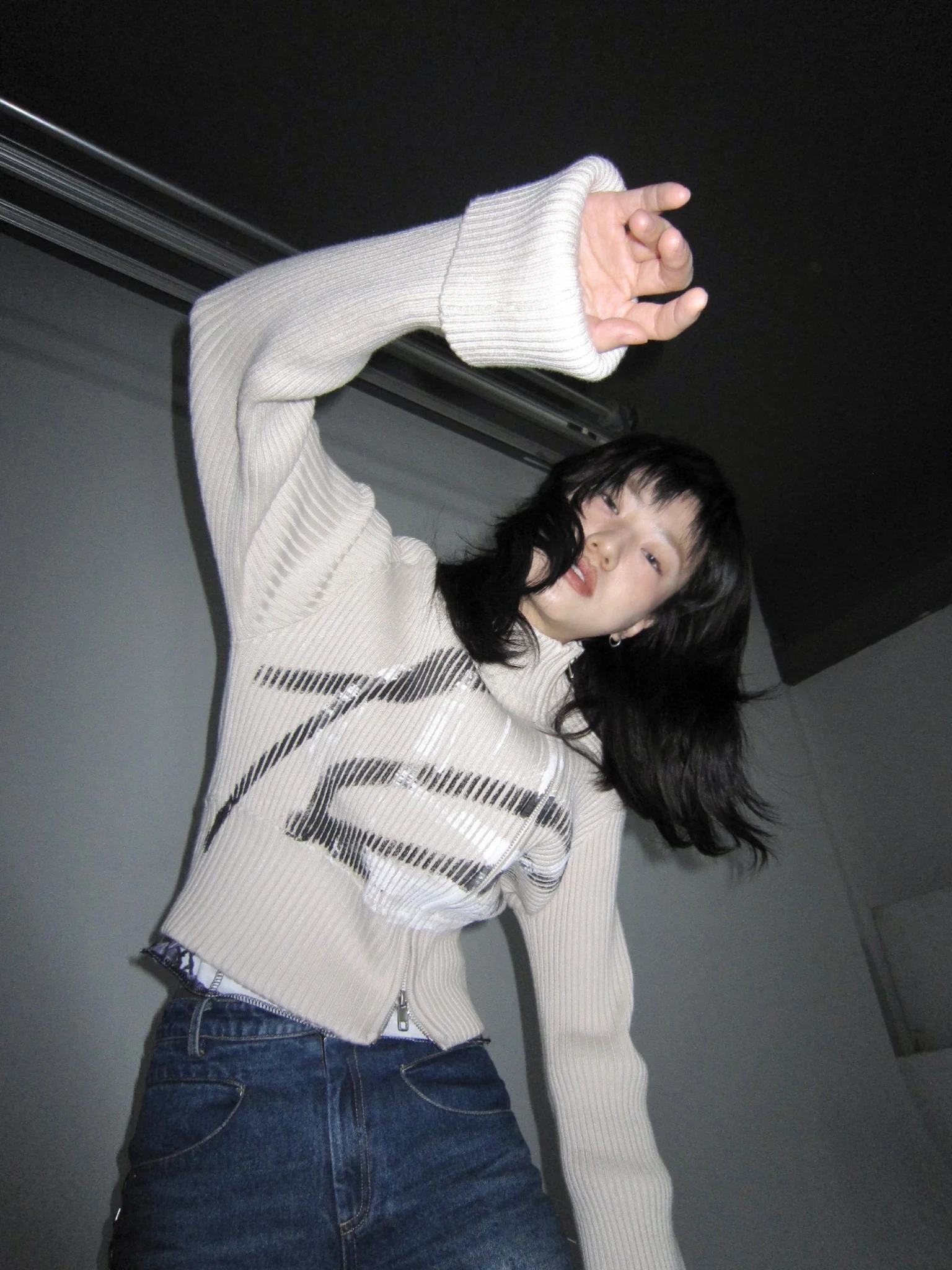 

Теплый вязаный свитер Street Sle, нерегулярная молния с принтом, полосатая двойная молния, женская модная осенняя длинная све