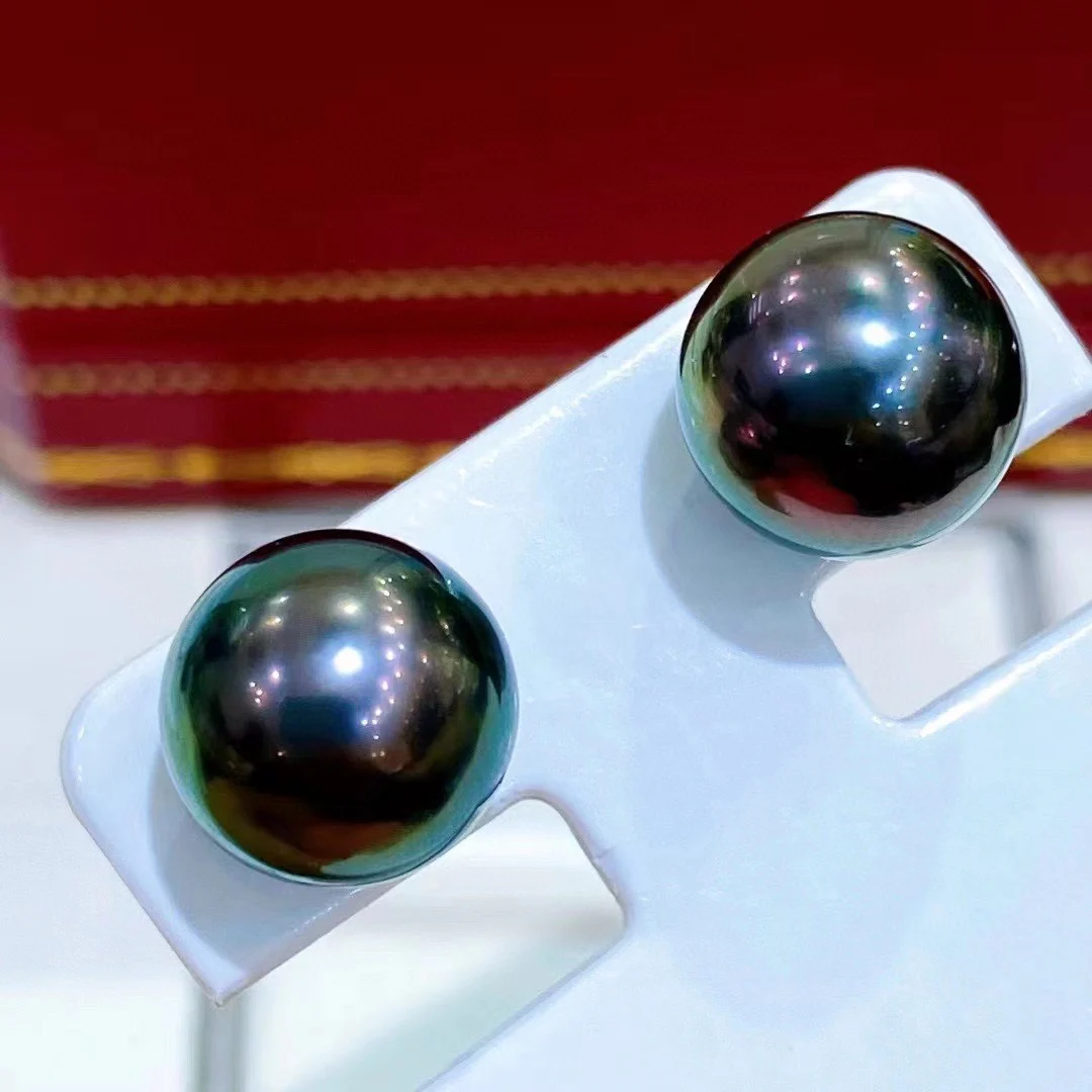 

14k white gold tahitian HUGE AAAA++++9-10mm 10-11mm 11-12mm 12-13mm 13-14mm natural black green round pearl earrings