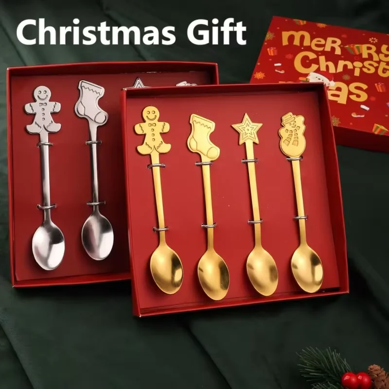 4Pcs Christmas Gift Elk Christmas Tree Dessert Spoon Cutlery Spoon Fork Set Fruit Fork Coffee Spoon Cutlery Wed Christmas Gift