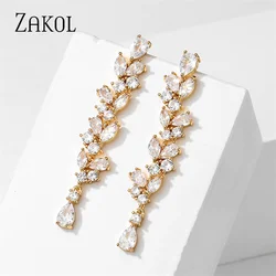 ZAKOL Buling Water Drop Cubic Zirconia Dangle Earrings for Women Luxury Leaf Bridal Wedding Jewelry EP5388