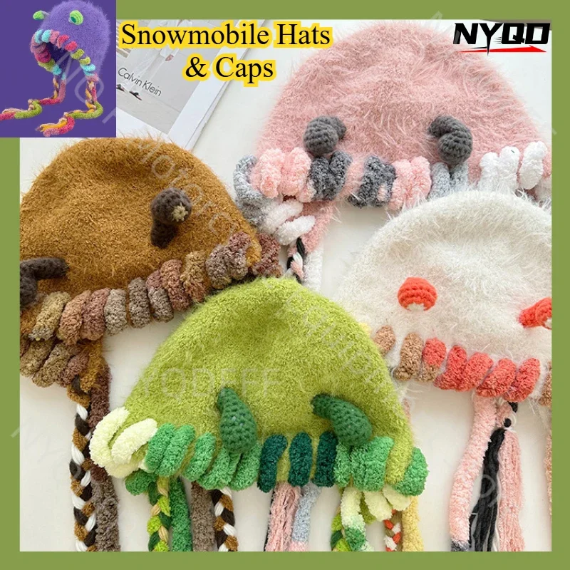 Cartoon and Funny Plush Little Monster Knitted Hat Hand Woven Warm and Versatile Ear Protection Snow Motorcycle Woolen Hat