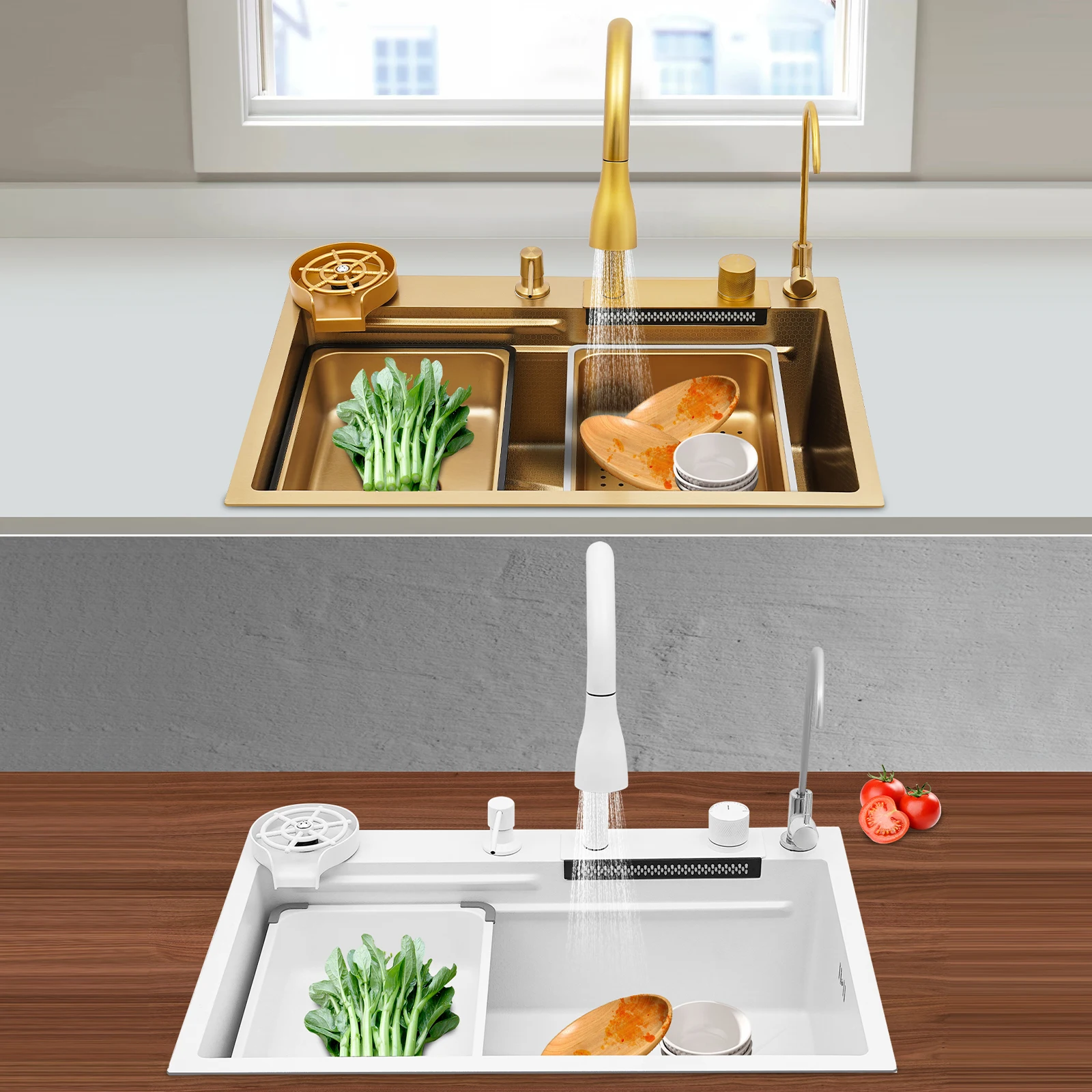 

Golden/White Kitchen Sink, 68*46*22cm Stainless Steel Sink, Sink with Pull-out Faucet Suitable for Home, Kitchen, Canteen, Hotel